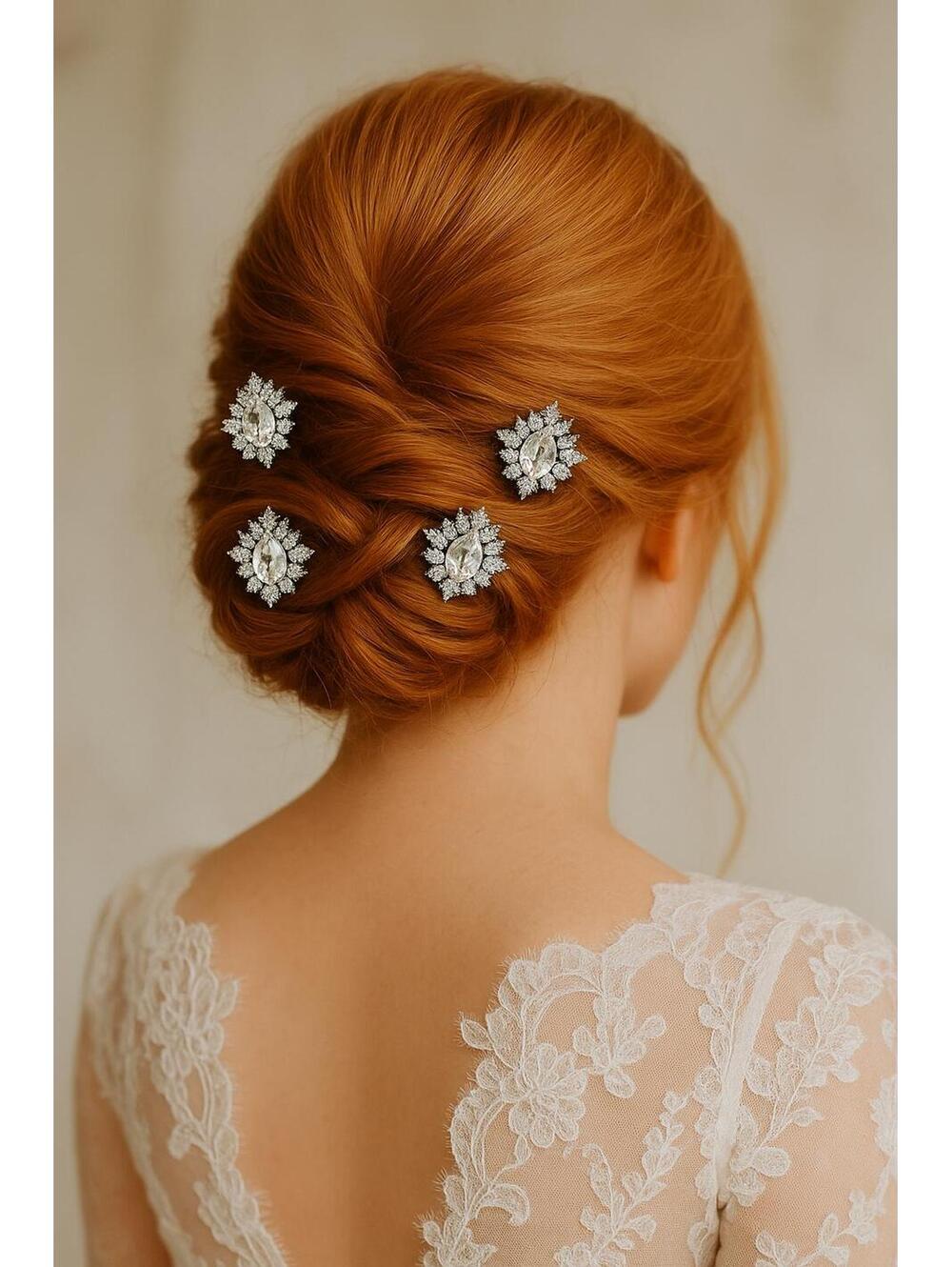 Set of 4 Silver Tone Rhinestone Hair Pins